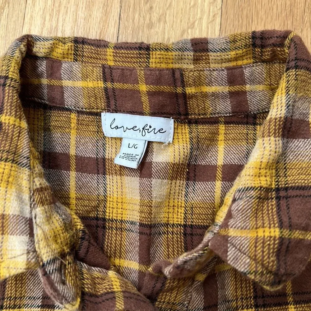 Girl Love Fire Yellow Brown Plaid Fleece Cotton Shirtdress (Youth L)